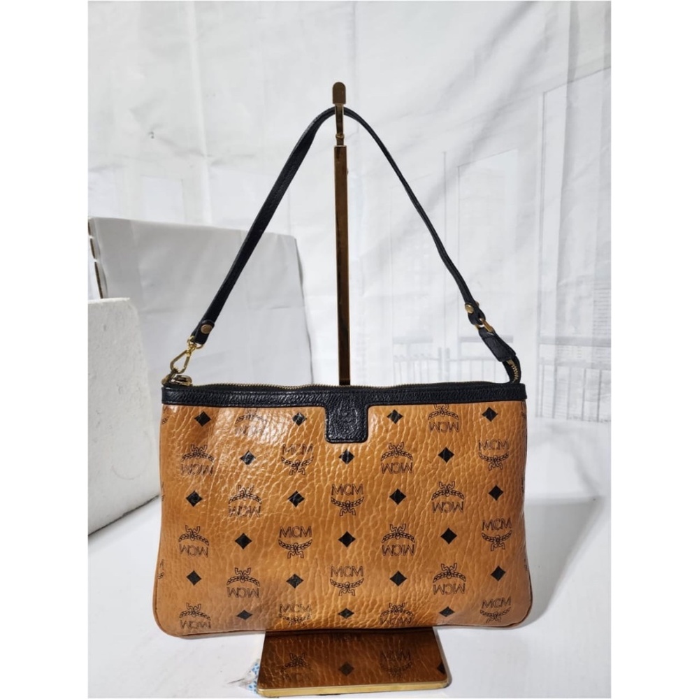 MCM Cognac Visetos Shoulder Bag with Black Trim